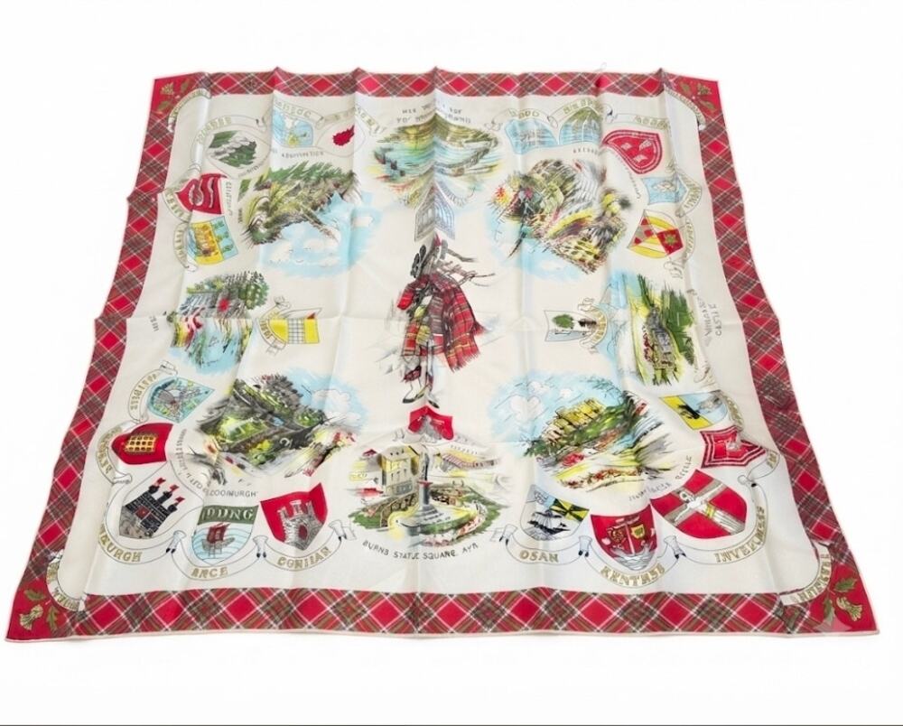 Vintage Souvenir Scarf  Scotland Tartan Border Edinburgh Castle Burns Statue Ayr